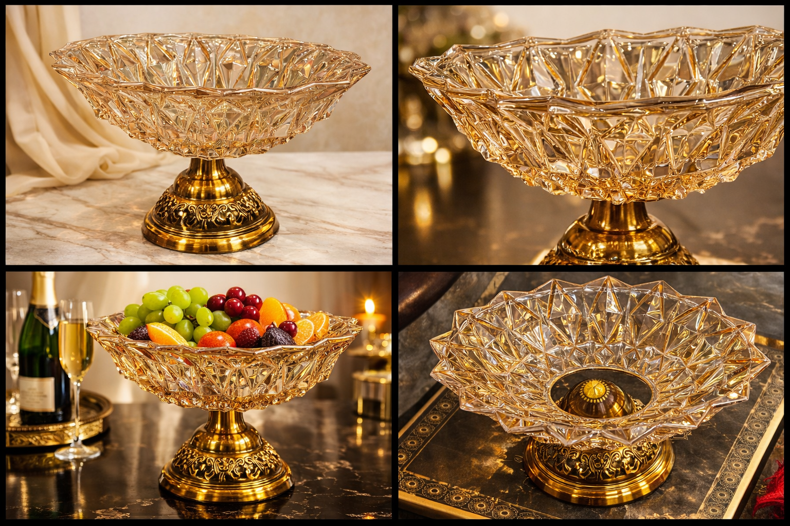 Luxury Glass Crystal Bowl with Ornate Golden Metal Base