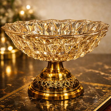 Luxury Glass Crystal Bowl with Ornate Golden Metal Base