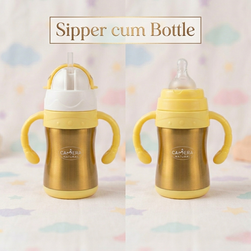 Camera 2-in-1 Stainless Steel Baby Sipper Bottle 240ml (Wide Mouth, BPA-Free)