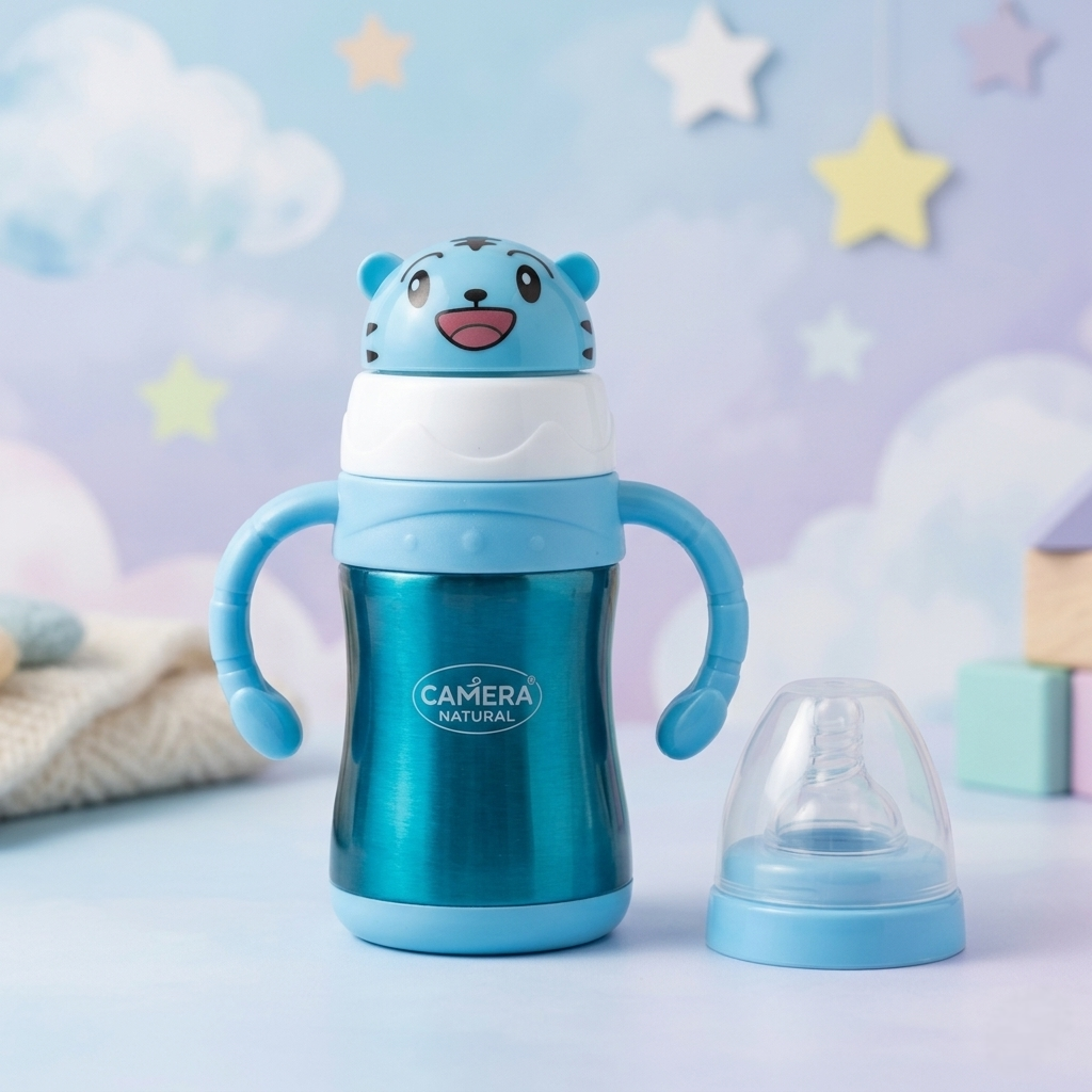 Camera 2-in-1 Stainless Steel Baby Sipper Bottle 240ml (Wide Mouth, BPA-Free)