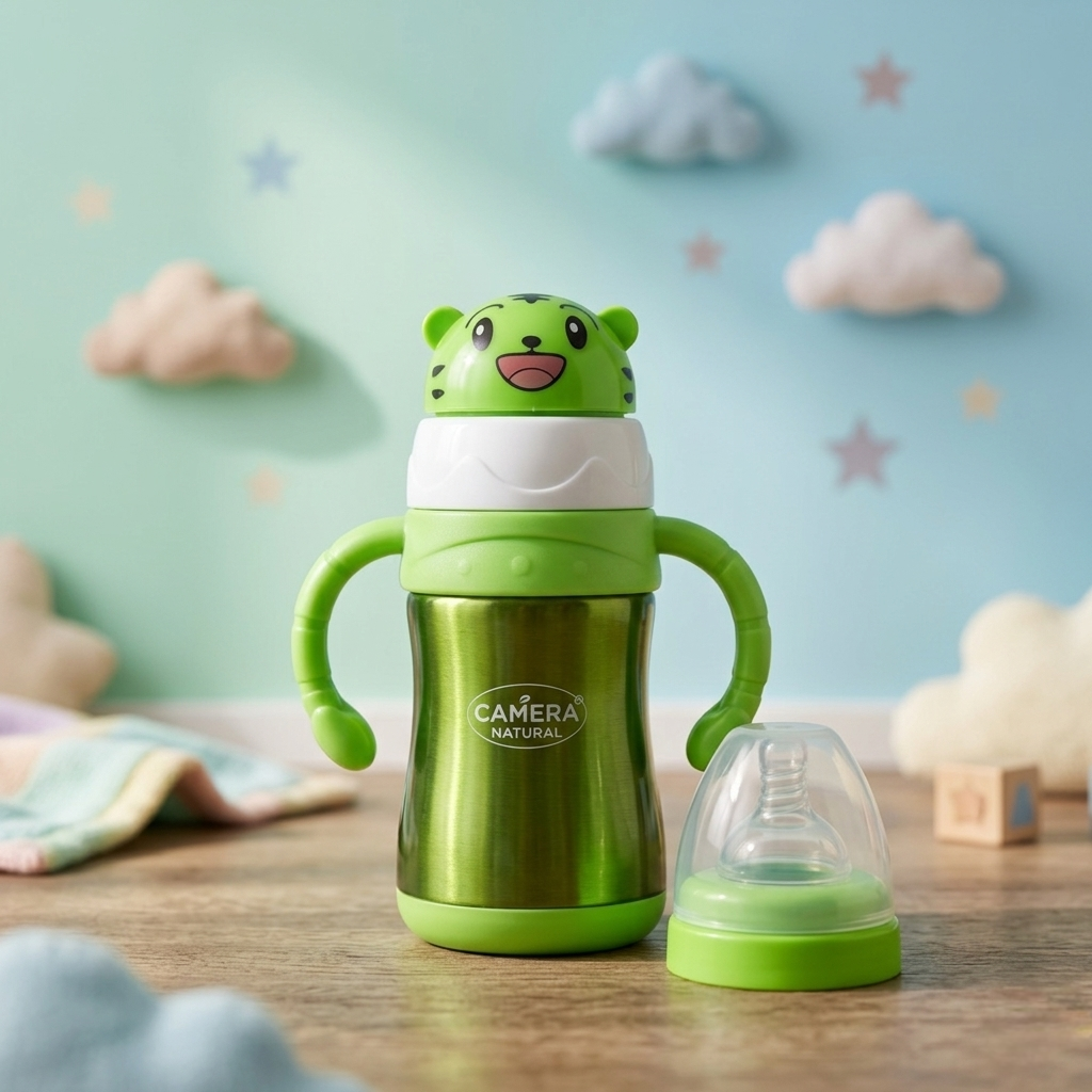 Camera 2-in-1 Stainless Steel Baby Sipper Bottle 240ml (Wide Mouth, BPA-Free)