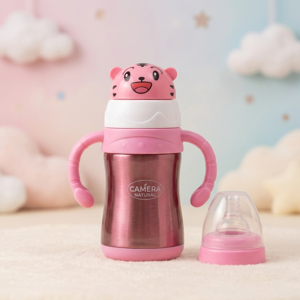 Camera 2-in-1 Stainless Steel Baby Sipper Bottle 240ml (Wide Mouth, BPA-Free)
