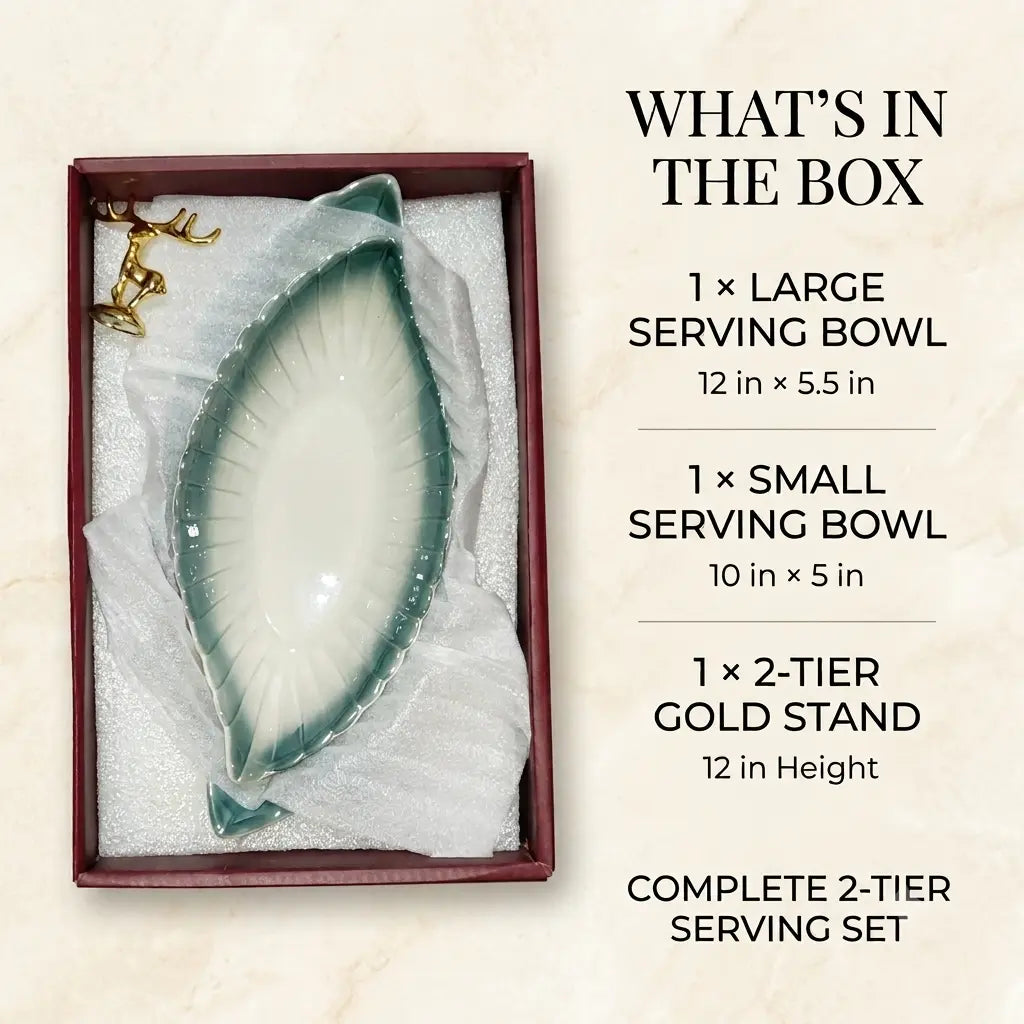 2-Tier Leaf Serving Bowl Set with Gold Stand | Dry Fruit & Snack Server