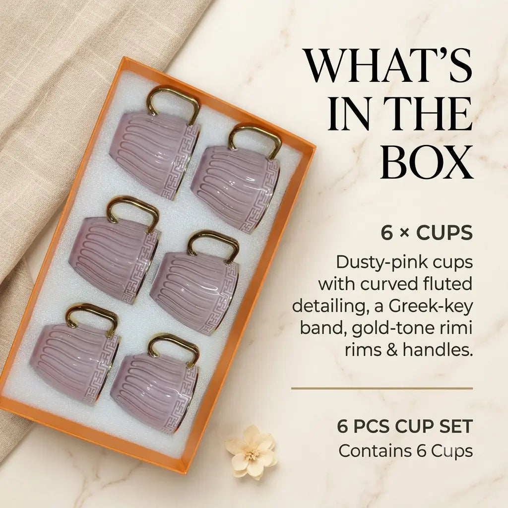 Dusty Pink & Gold Embossed Cup Set – 6 Pcs | Tea & Coffee Cups
