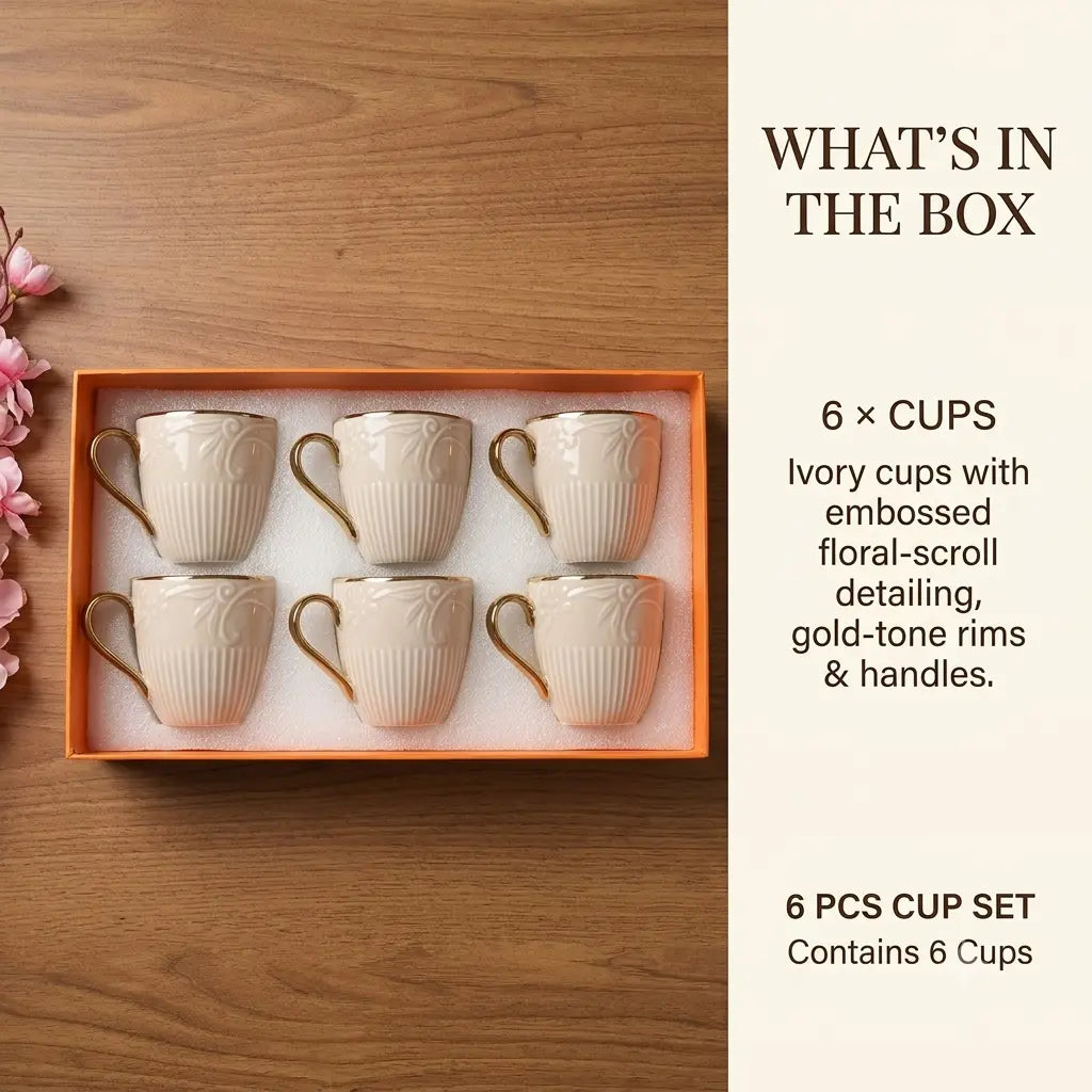 Ivory & Gold Floral Embossed Cup Set – 6 Pcs | Tea & Coffee Cups