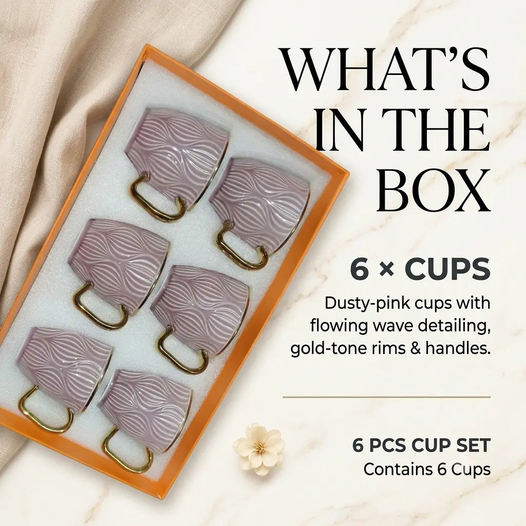 Pink & Gold Embossed Cup Set – 6 Pcs | Premium Tea & Coffee Cups