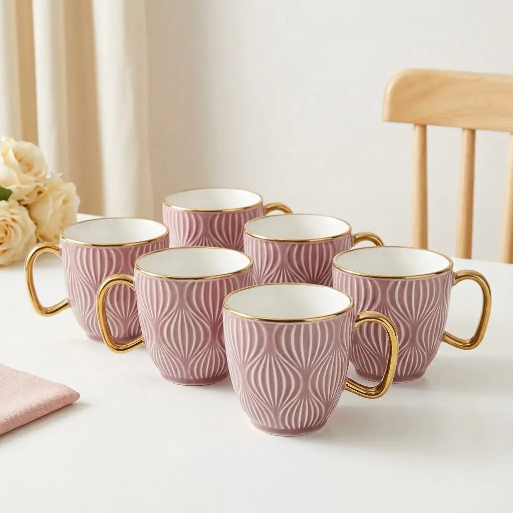 Pink & Gold Embossed Cup Set – 6 Pcs | Premium Tea & Coffee Cups