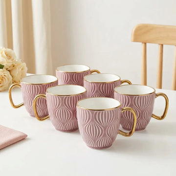 Pink & Gold Embossed Cup Set – 6 Pcs | Premium Tea & Coffee Cups