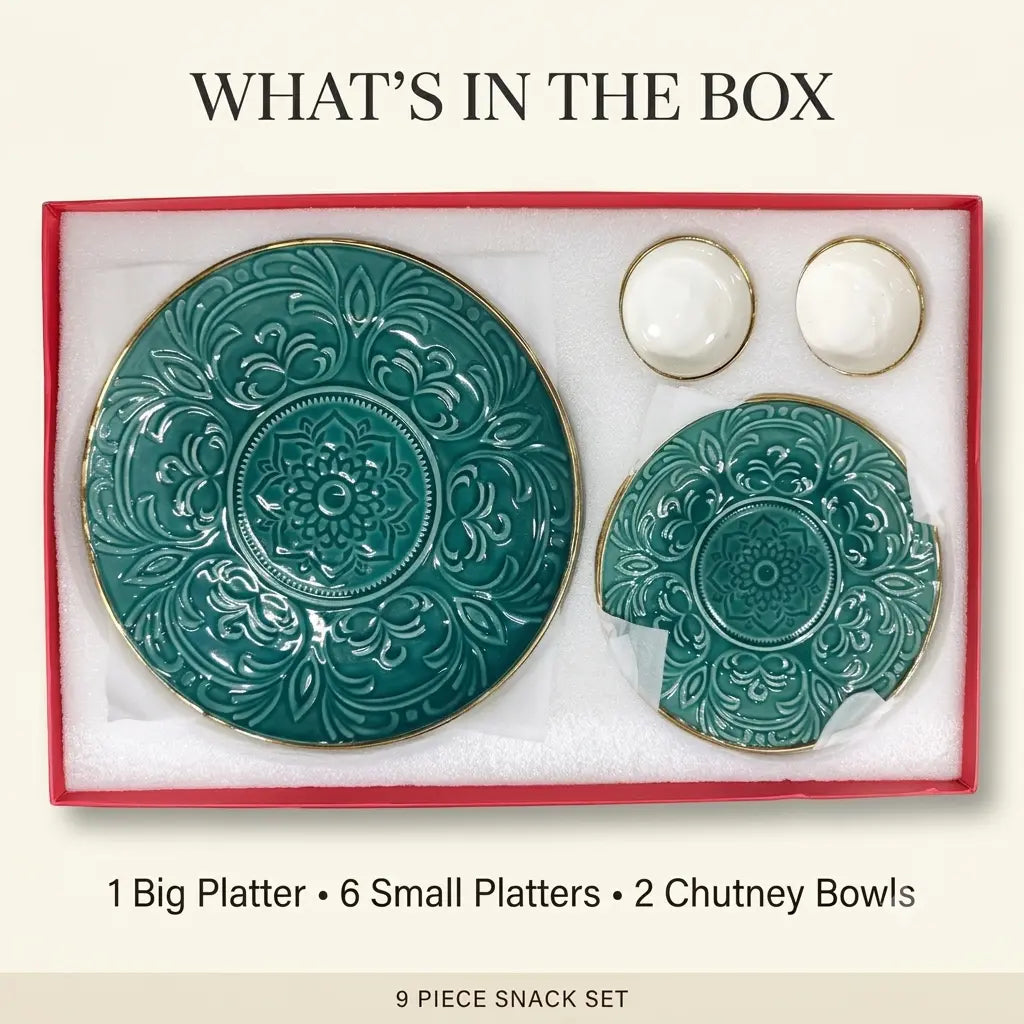 Premium 9 Pcs Embossed Snack Serving Set – Emerald Green & Gold