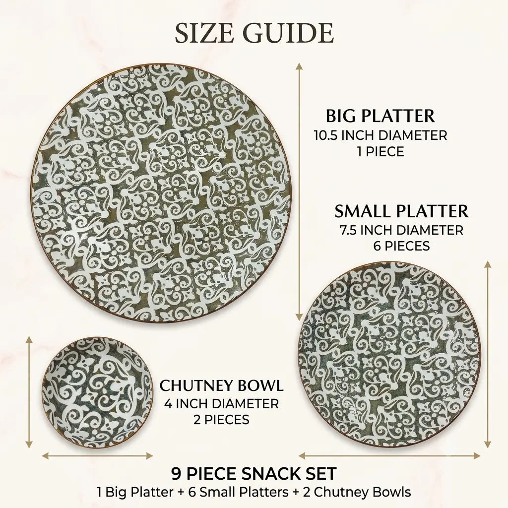 9 Pcs Ceramic Snack & Serving Platter Set with Chutney Bowls – Olive | 6120-2