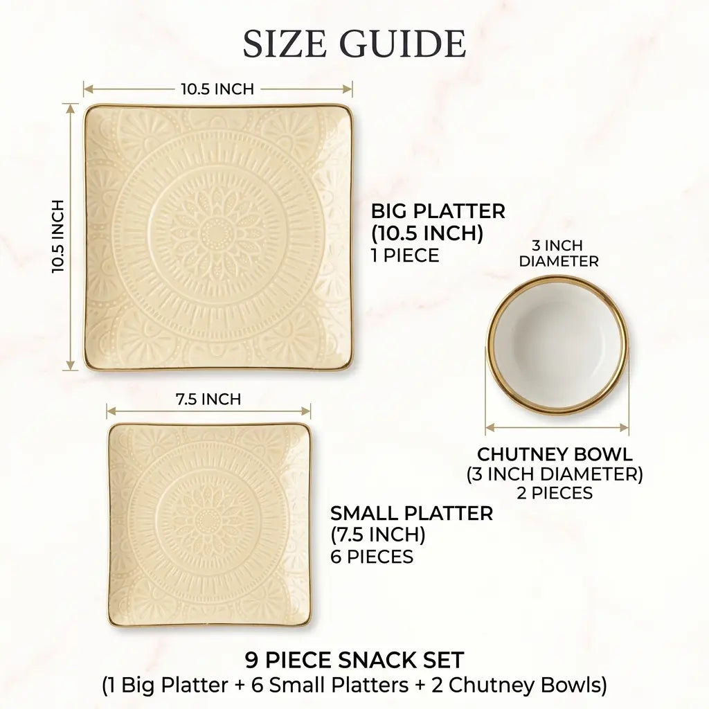 Premium 9 Pcs Square Snack Serving Set with 6 Plates, Big Platter & 2 Chutney Bowls – Ivory & Gold