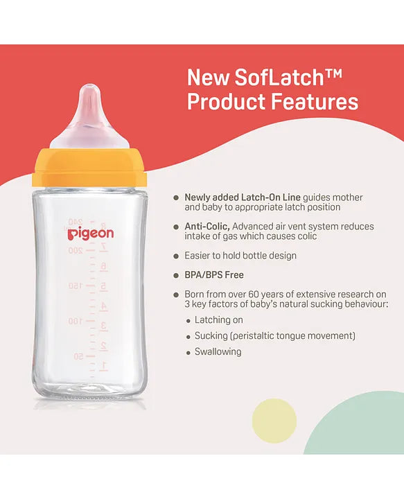 Pigeon SoftLatch Glass Nursing Bottle With Nipple - 240 ml