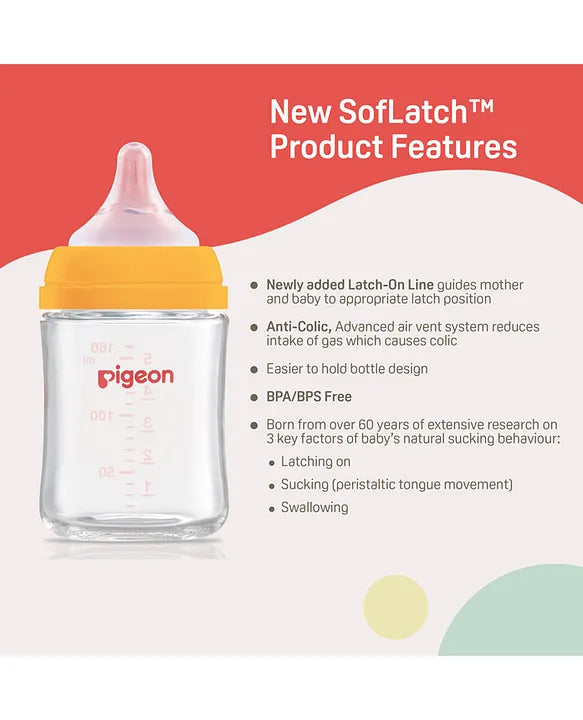 Pigeon SoftLatch Glass Nursing Bottle With Nipple - 160 ml