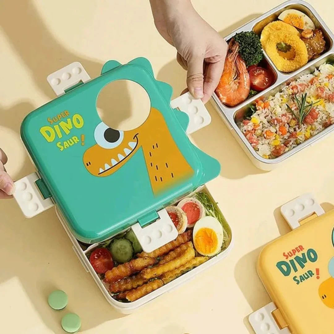 DinoLux 3-Compartment Kids Lunch Box | Leakproof Stainless Steel Bento Tiffin for School