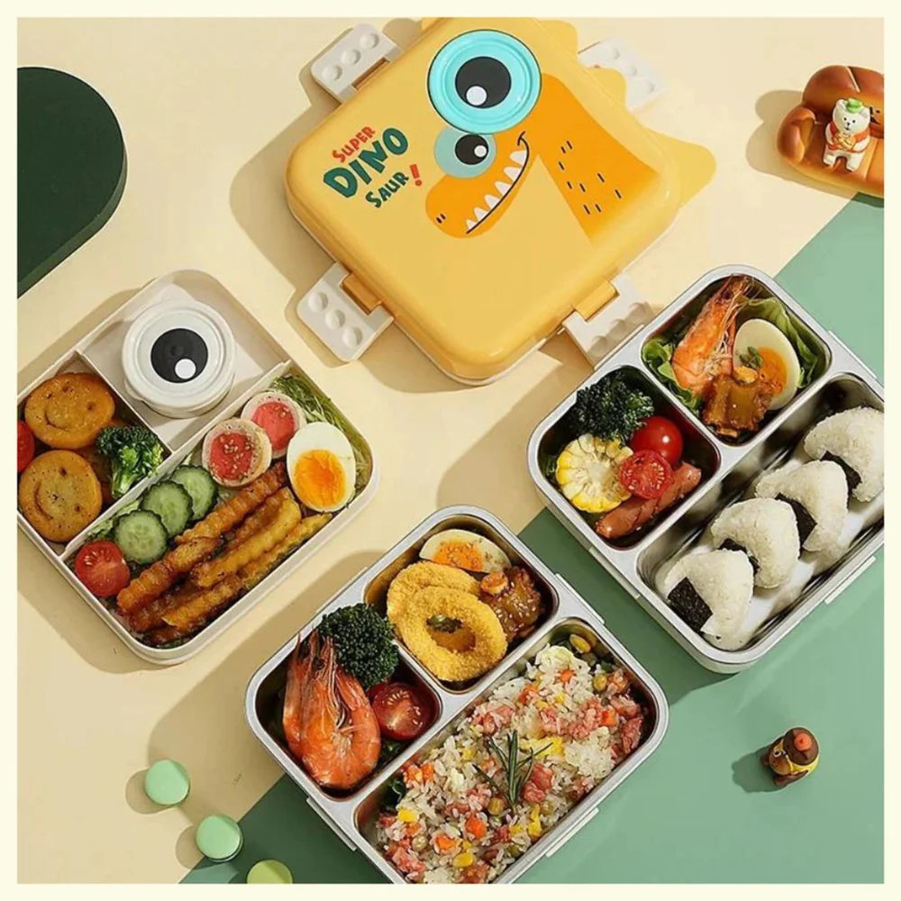 DinoLux 3-Compartment Kids Lunch Box | Leakproof Stainless Steel Bento Tiffin for School