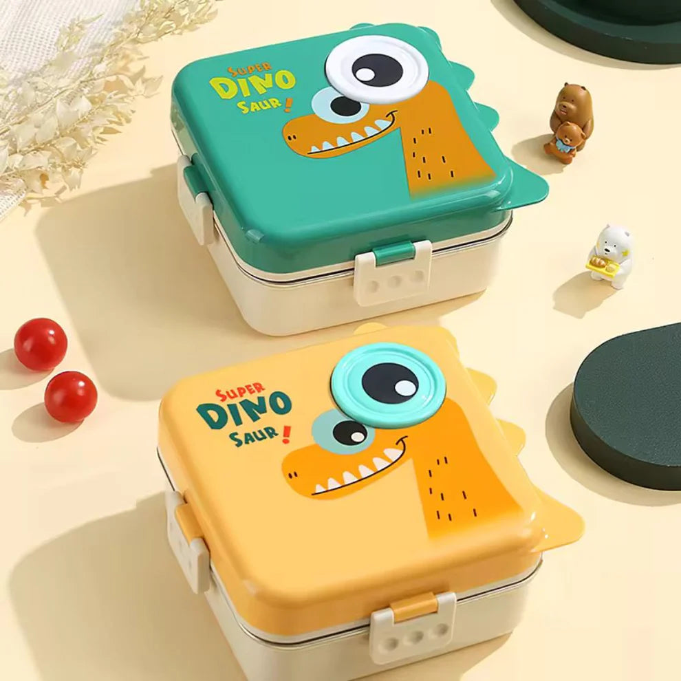 DinoLux 3-Compartment Kids Lunch Box | Leakproof Stainless Steel Bento Tiffin for School