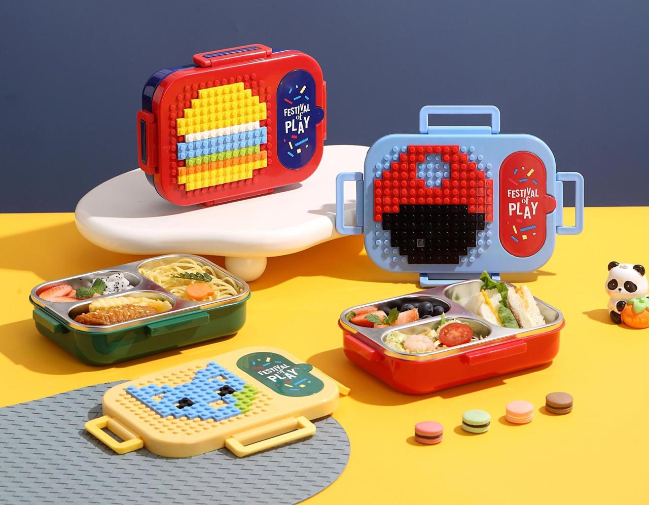 PixelPlay Bento Lunch Box – Creative Blocks 3 Compartment Kids Lunch Box