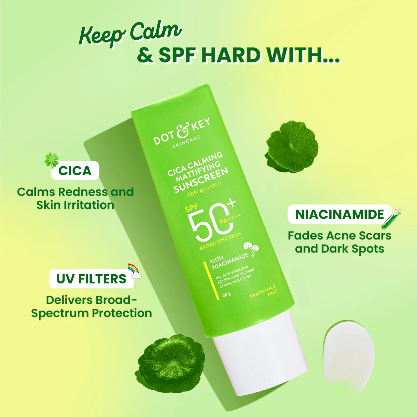 Dot & Key CICA Calming Niacinamide Sunscreen with SPF 50 PA+++ | In-Vivo Tested Face Sunscreen for Oily, Acne Prone & Sensitive Skin | 80 gm