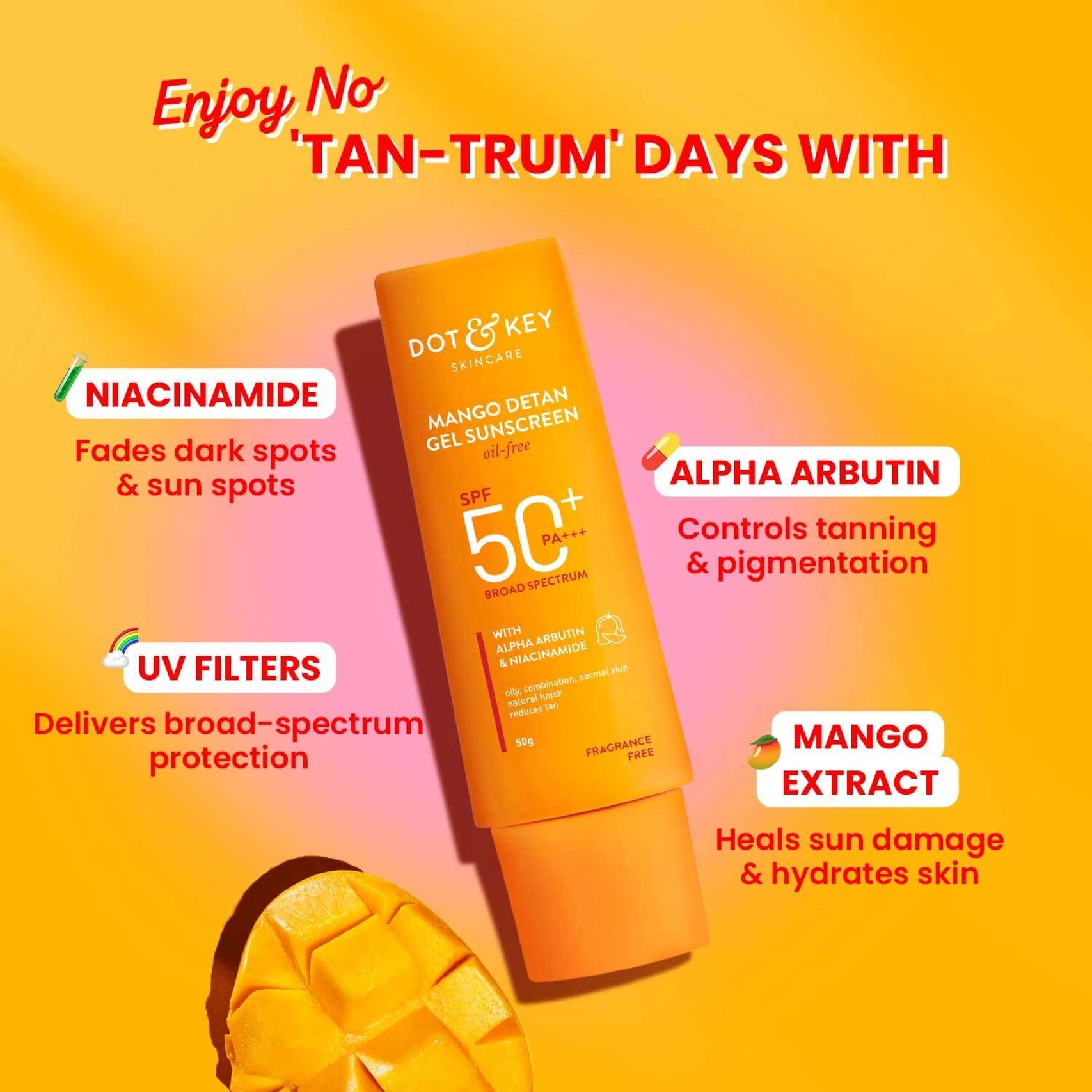 DOT & KEY Mango Detan Gel Sunscreen SPF 50+ PA+++ In-Vivo Tested Sunscreen with Alpha-Arbutin & Niacinamide, Controls Tanning, 120 Minutes Water Resistant- 80g