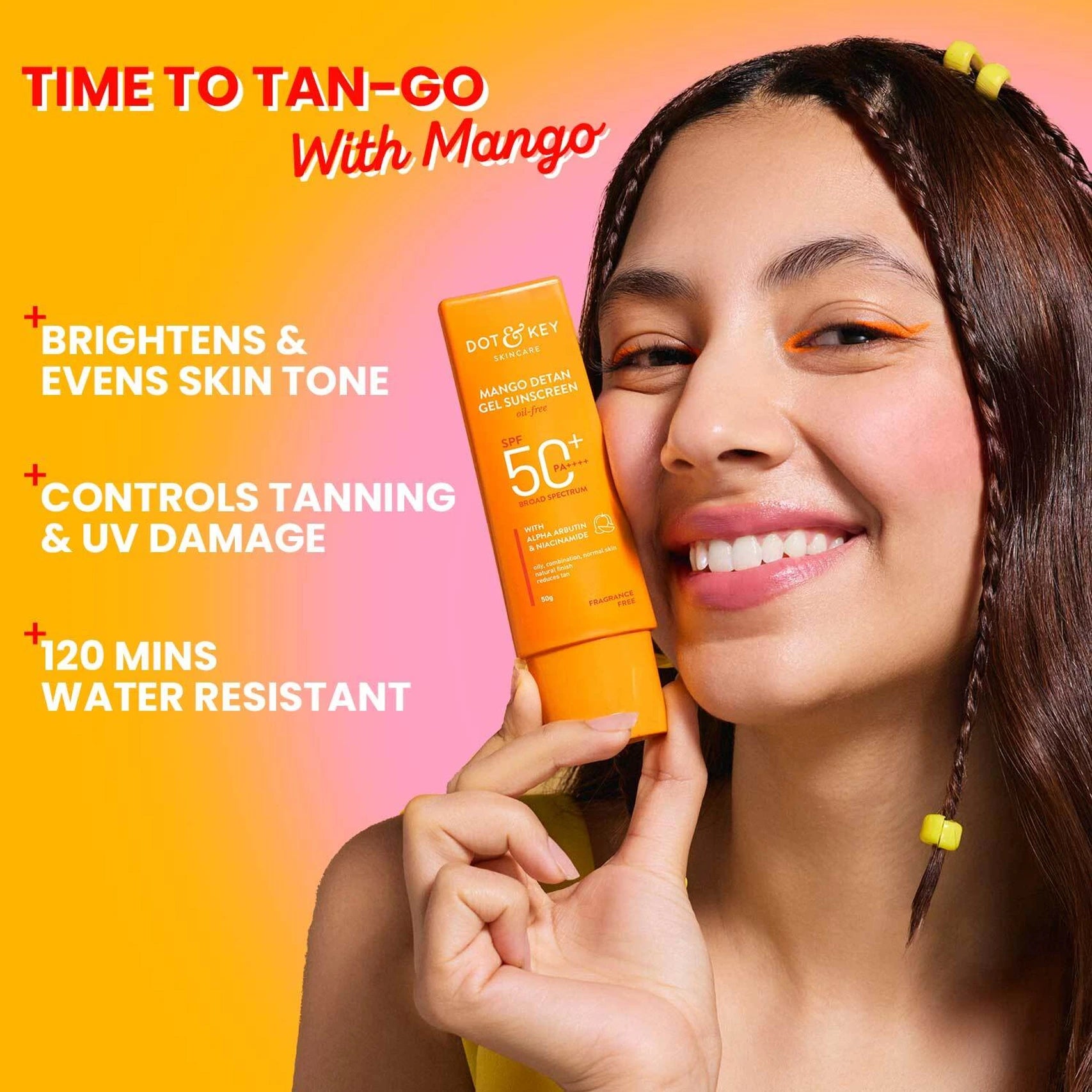 DOT & KEY Mango Detan Gel Sunscreen SPF 50+ PA+++ In-Vivo Tested Sunscreen with Alpha-Arbutin & Niacinamide, Controls Tanning, 120 Minutes Water Resistant- 80g