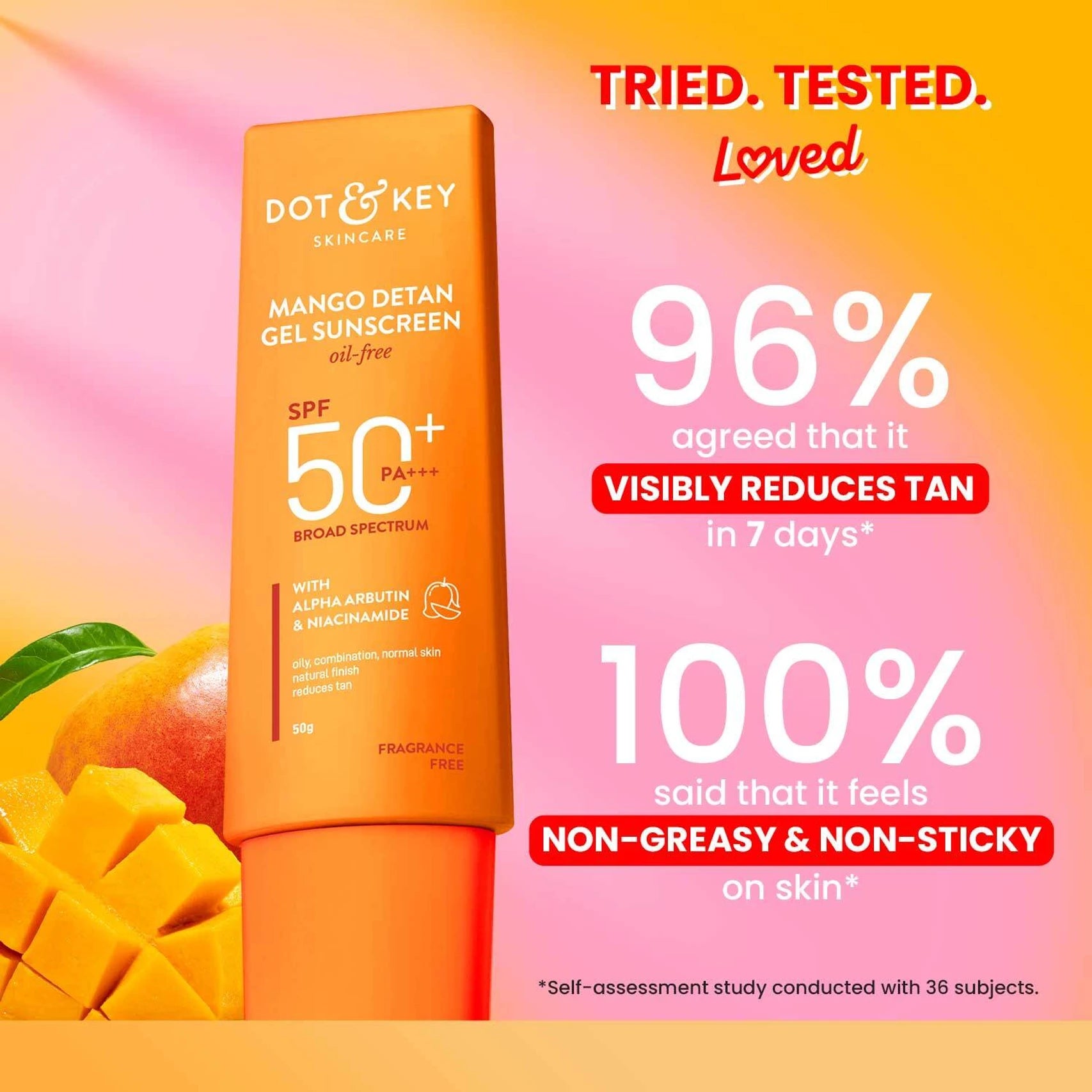 DOT & KEY Mango Detan Gel Sunscreen SPF 50+ PA+++ In-Vivo Tested Sunscreen with Alpha-Arbutin & Niacinamide, Controls Tanning, 120 Minutes Water Resistant- 80g
