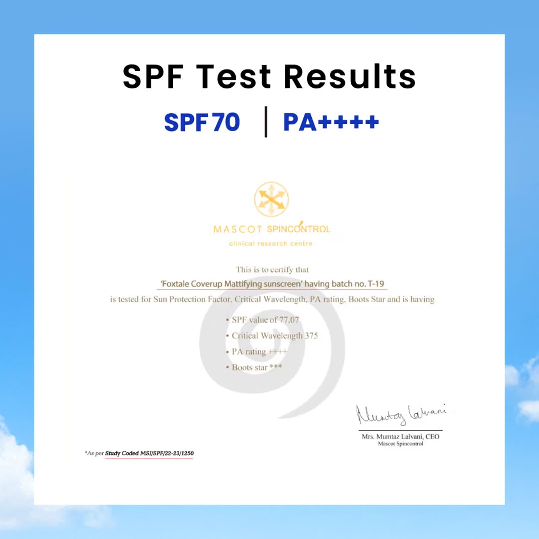 Foxtale CoverUp SPFA 70 PA++++A Mattifying Sunscreen with Niacinamide - 50 ml