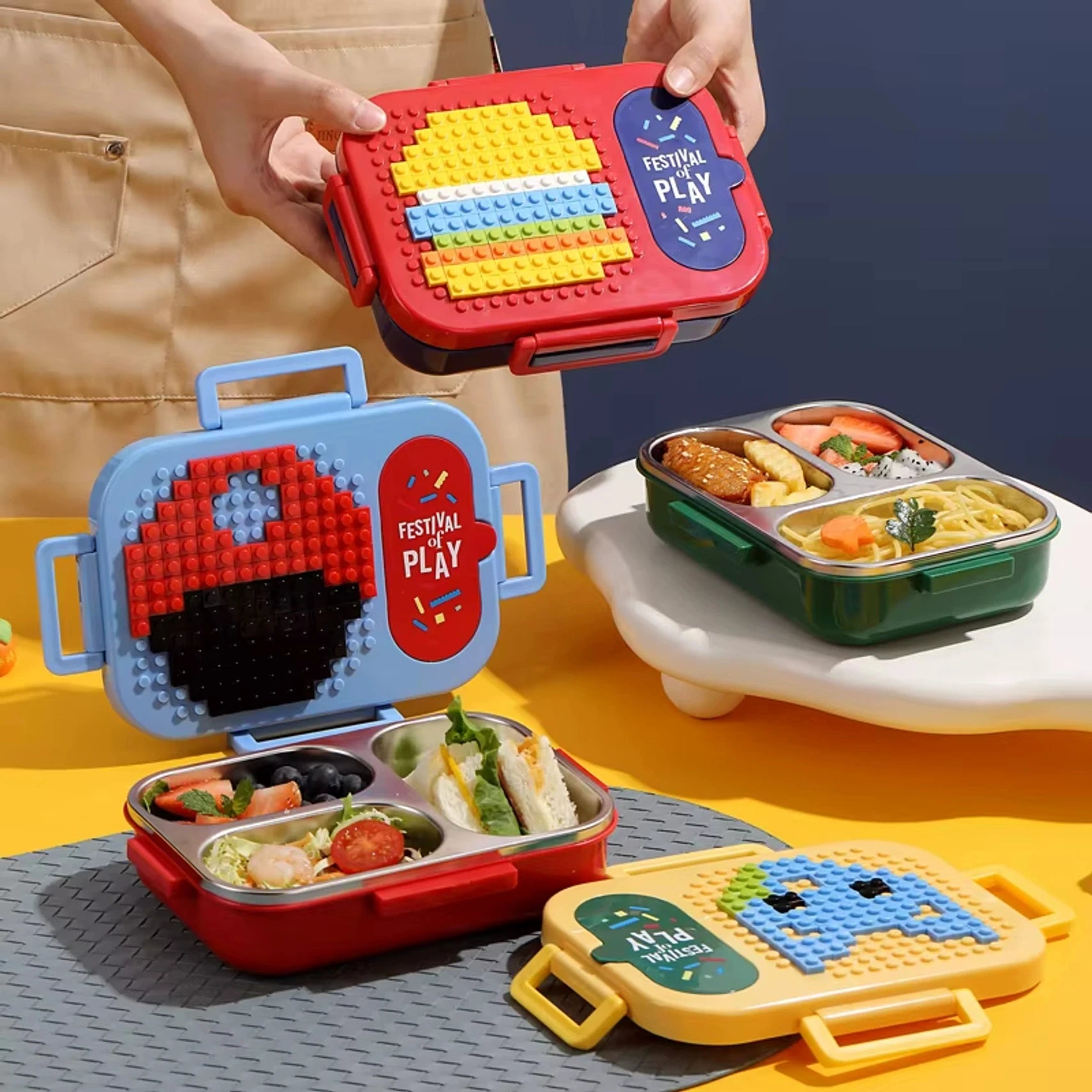 PixelPlay Bento Lunch Box – Creative Blocks 3 Compartment Kids Lunch Box