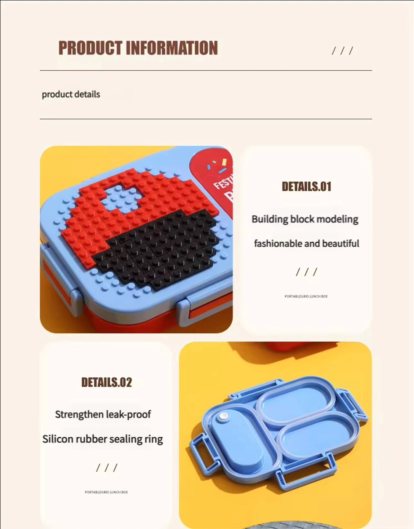 PixelPlay Bento Lunch Box – Creative Blocks 3 Compartment Kids Lunch Box