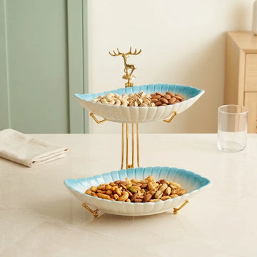 2-Tier Leaf Serving Bowl Set with Gold Stand | Dry Fruit & Snack Server