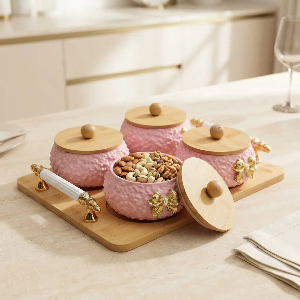 Bow Belle 4 Jar Dry Fruit Serving Set with Bamboo Lids & Wooden Tray