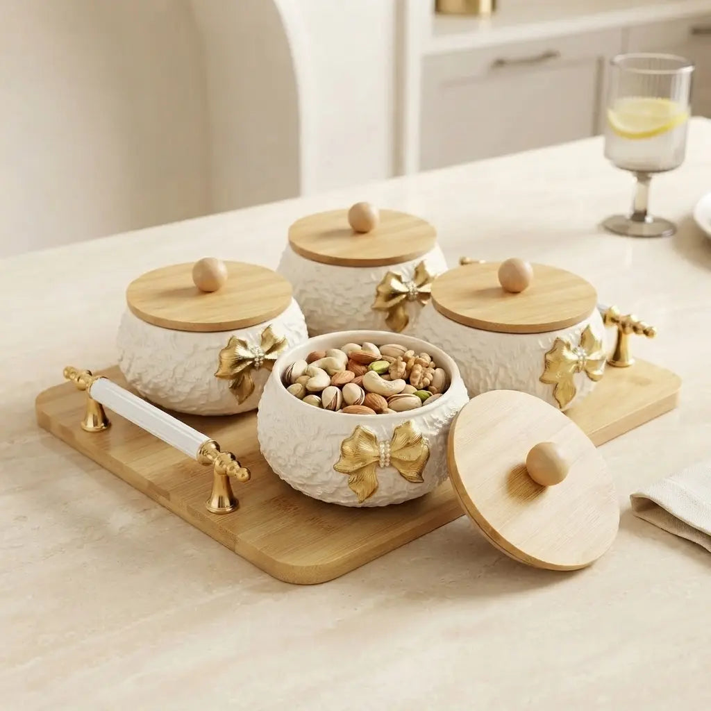 Bow Belle 4 Jar Dry Fruit Serving Set with Bamboo Lids & Wooden Tray