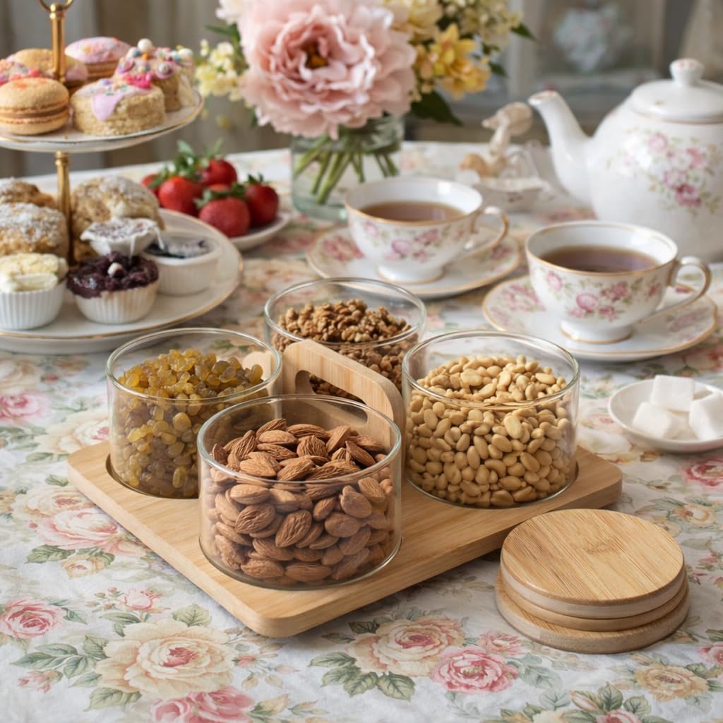 LuxeSpin – Rotating Wooden Dry Fruit Tray with Borosilicate Containers (ADX8802)