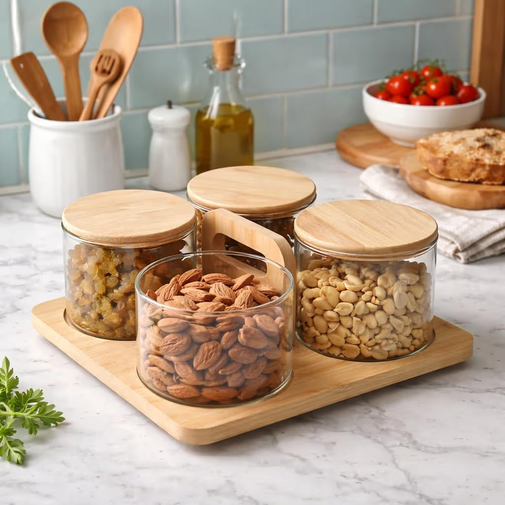 LuxeSpin – Rotating Wooden Dry Fruit Tray with Borosilicate Containers (ADX8802)