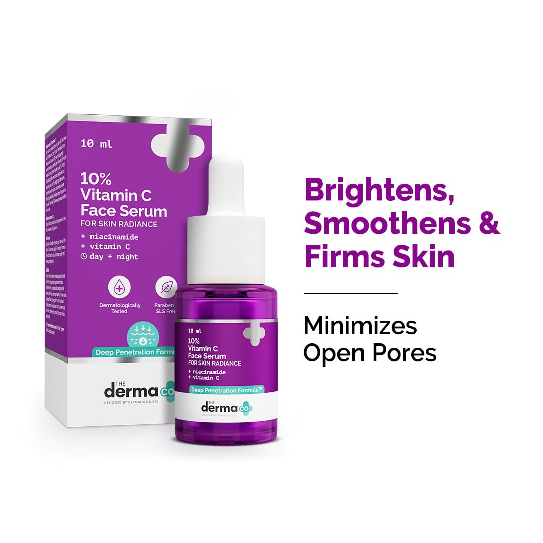 The Derma Co 10% Vitamin C Face Serum with 5% Niacinamide, Powered by Deep Penetration Formula™ | Fades Dark Spots | Reduces Pigmentation | Boosts Collagen | Brightens Skin | All Skin Types | 10 ml