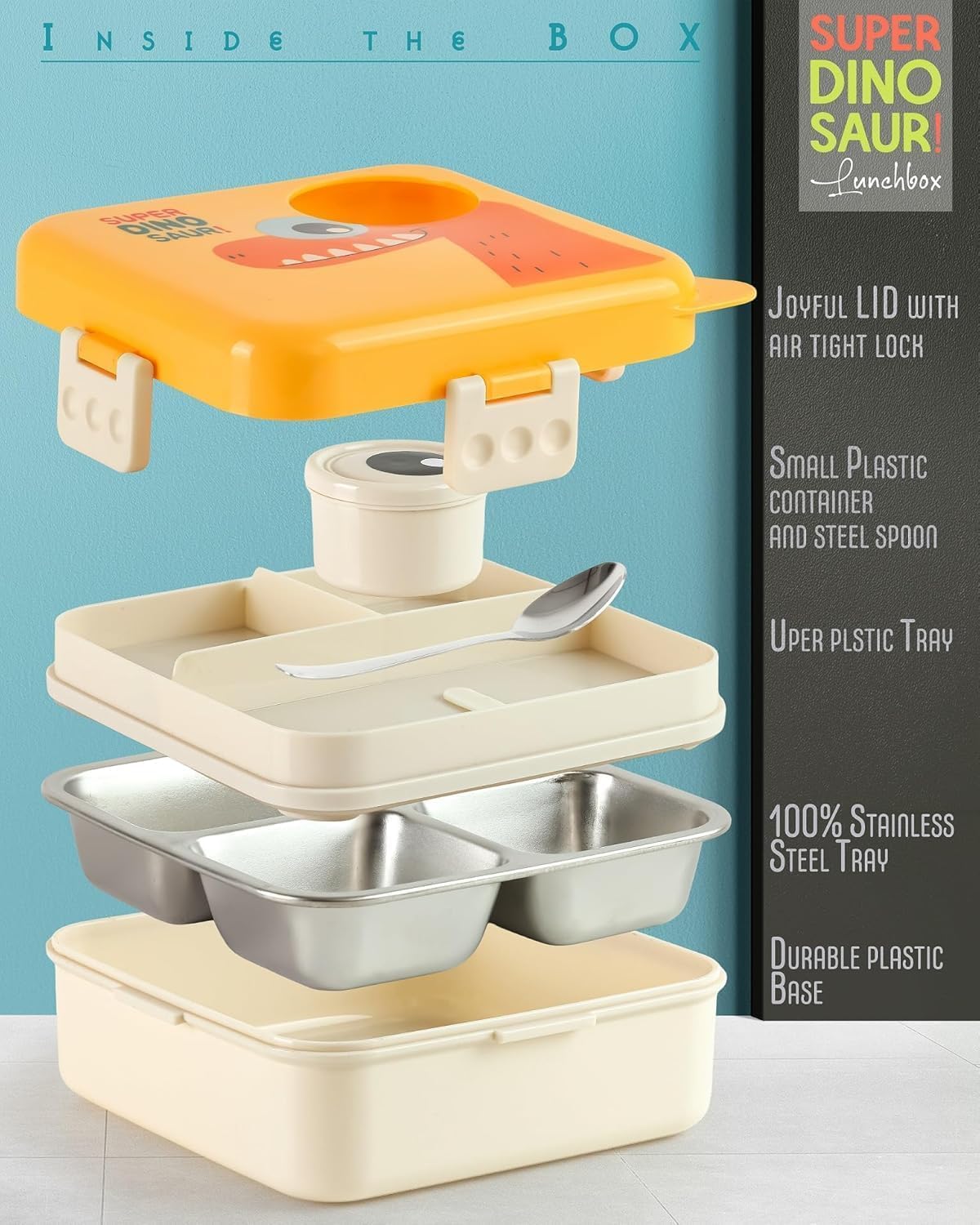 DinoLux 3-Compartment Kids Lunch Box | Leakproof Stainless Steel Bento Tiffin for School