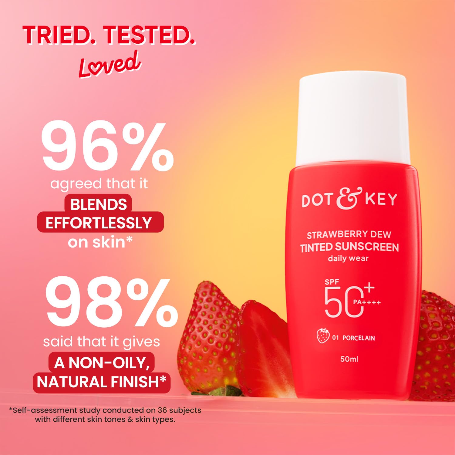 Dot & Key Strawberry Dew Tinted Sunscreen SPF 50++++ 01 Porecelain In Vivo Tested Sunscreen for Daily Wear, Brightens & Protects Skin - 50 ml