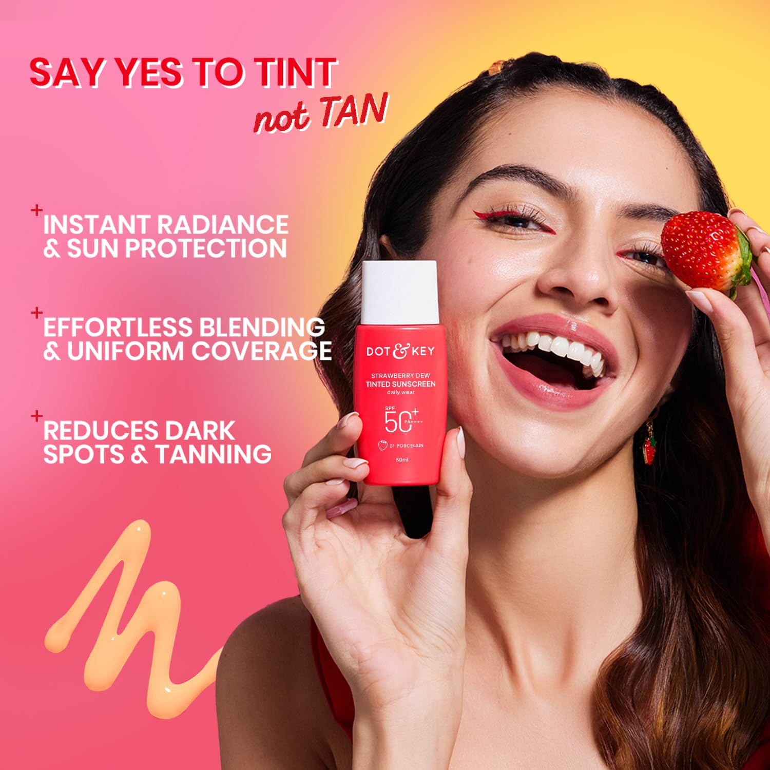 Dot & Key Strawberry Dew Tinted Sunscreen SPF 50++++ 01 Porecelain In Vivo Tested Sunscreen for Daily Wear, Brightens & Protects Skin - 50 ml