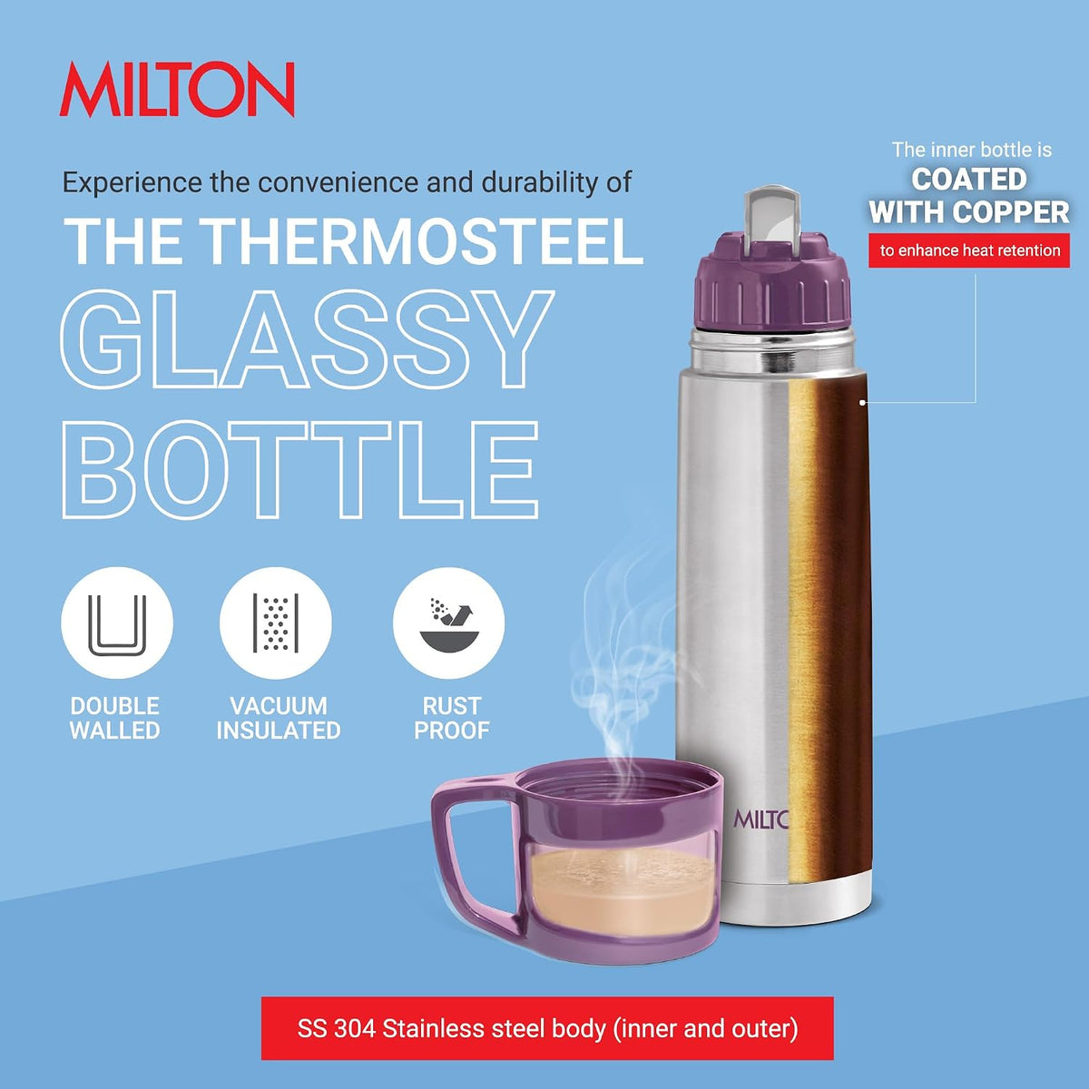 Milton Glassy 500 Thermosteel Flask – 500 ML | 24 Hours Hot & Cold