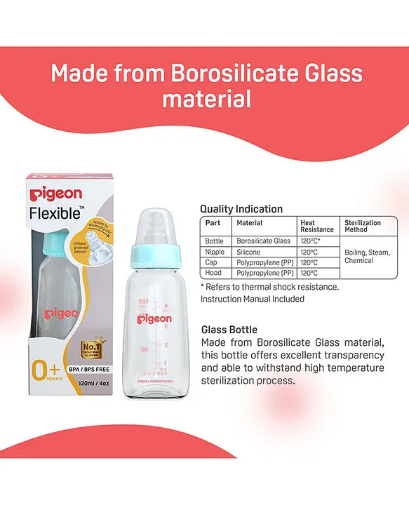 Pigeon Glass Feeding Bottle with Nipples Red - 120 ml
