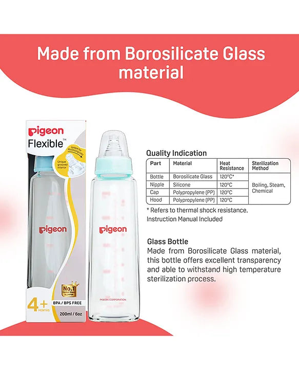 Pigeon Glass Feeding Bottle with Nipples - 200 ml