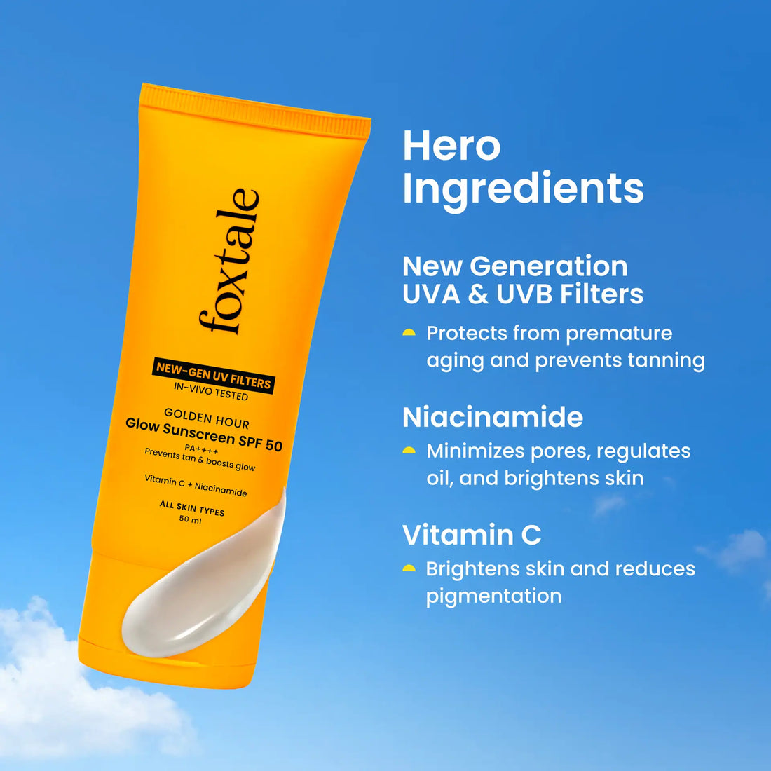 Foxtale SPF 50 Glow Sunscreen with Vitamin C & Niacinamide for Dewy Glow, In-Vivo Tested PA++++ (50ml)