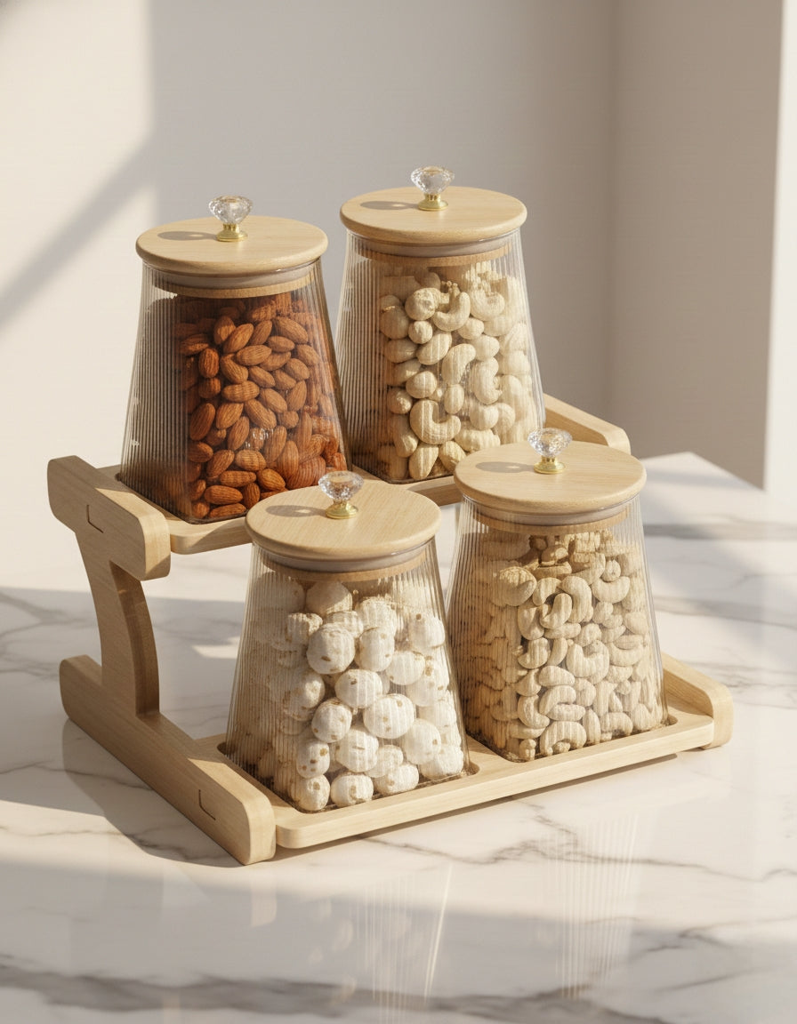Q3652-4H Glass Jar Set with Stand – 4 × 750ml Premium Borosilicate Airtight Jars