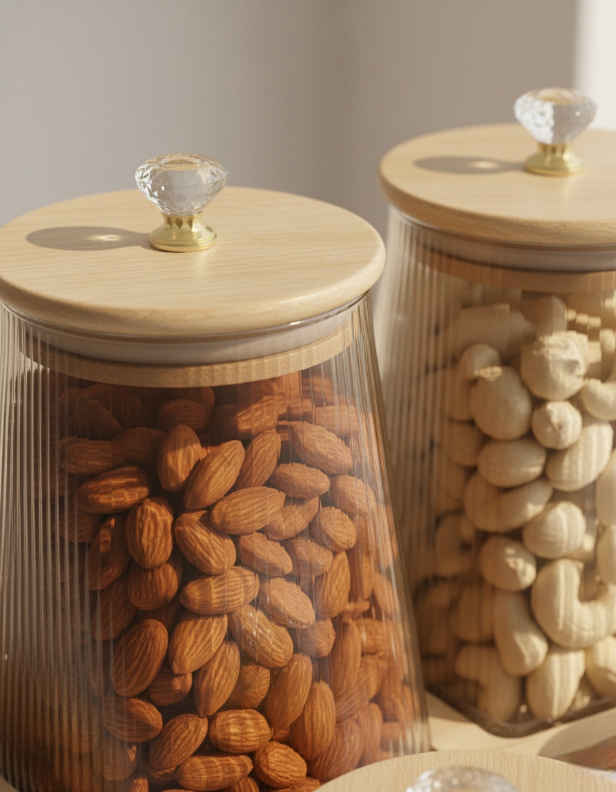 Q3652-6H Glass Jar Set with Stand – 6 × 750ml Premium Borosilicate Airtight Jars