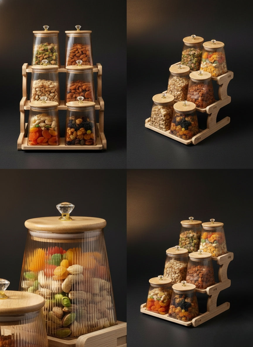 Q3652-6H Glass Jar Set with Stand – 6 × 750ml Premium Borosilicate Airtight Jars