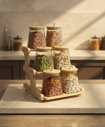Q3652-6H Glass Jar Set with Stand – 6 × 750ml Premium Borosilicate Airtight Jars