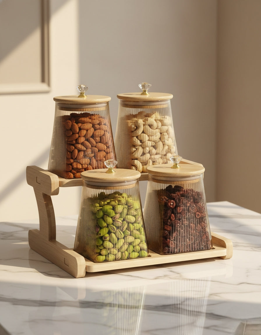 Q3652-4H Glass Jar Set with Stand – 4 × 750ml Premium Borosilicate Airtight Jars