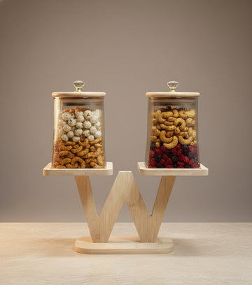 Borosilicate Glass Storage Jars 750ml – Set of 2 with Wooden Stand (Q3654-2H)