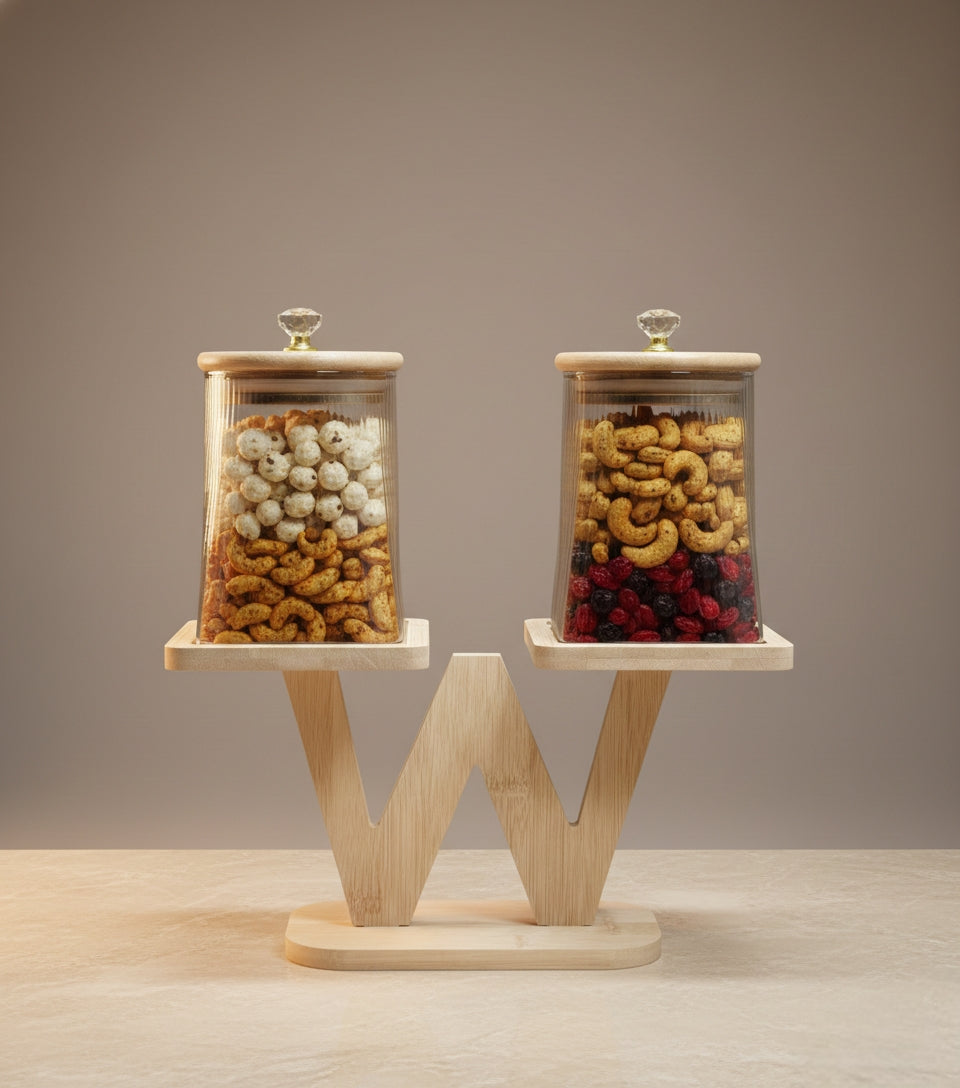 Borosilicate Glass Storage Jars 750ml – Set of 2 with Wooden Stand (Q3654-2H)