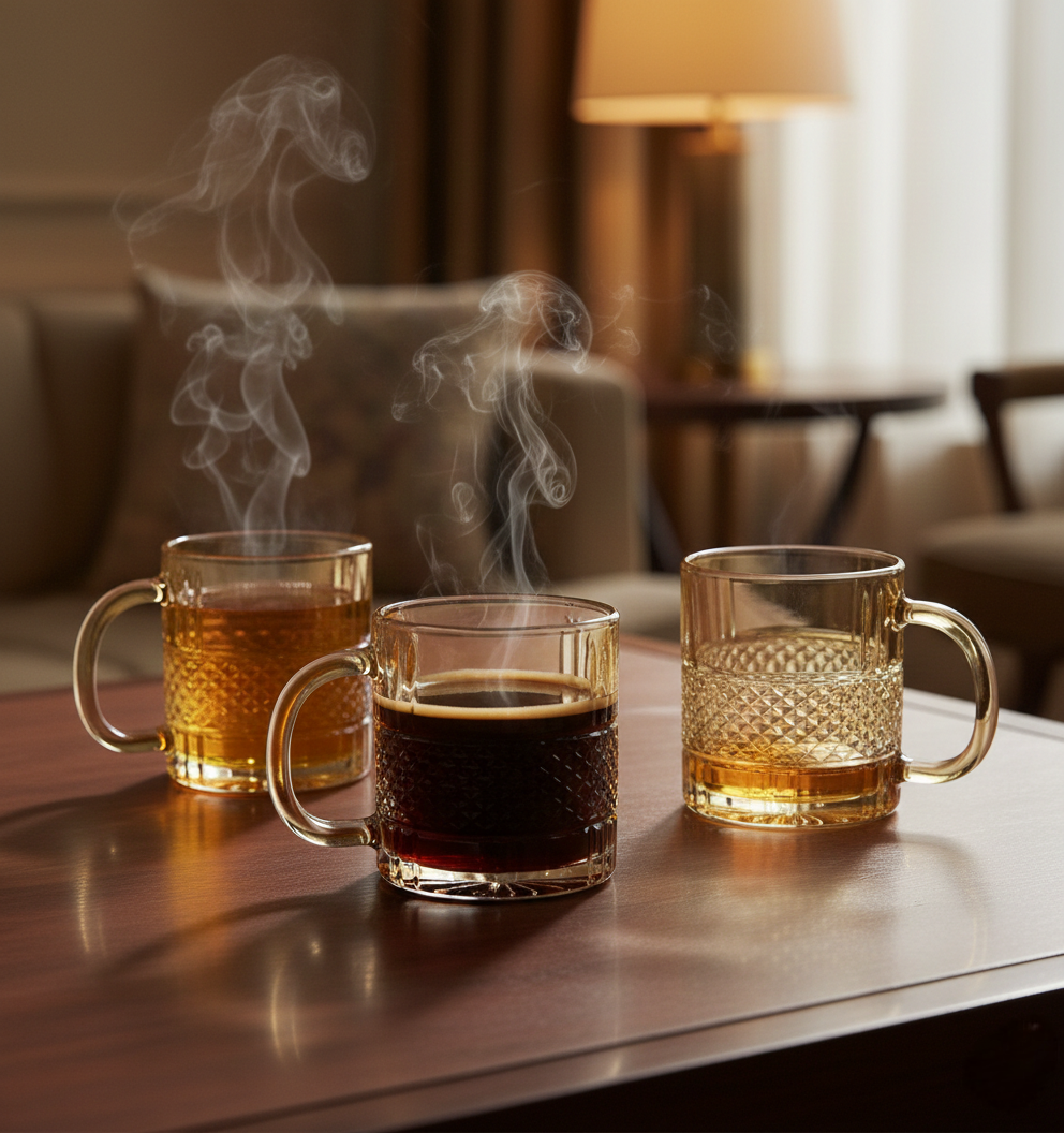Amber Crest – Luxury Textured Amber Glass Tea Cups Set (6 Pcs)(180ML) (ZB383-2HA)