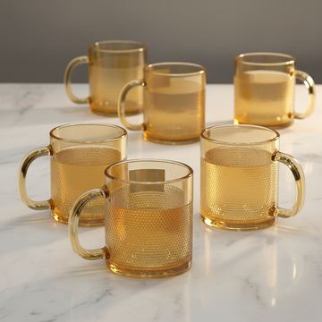 Amber Textured Premium Glass Tea Mug Set of 6 – Elegant Heat Resistant Drinkware (180ML)(ZB383HA)